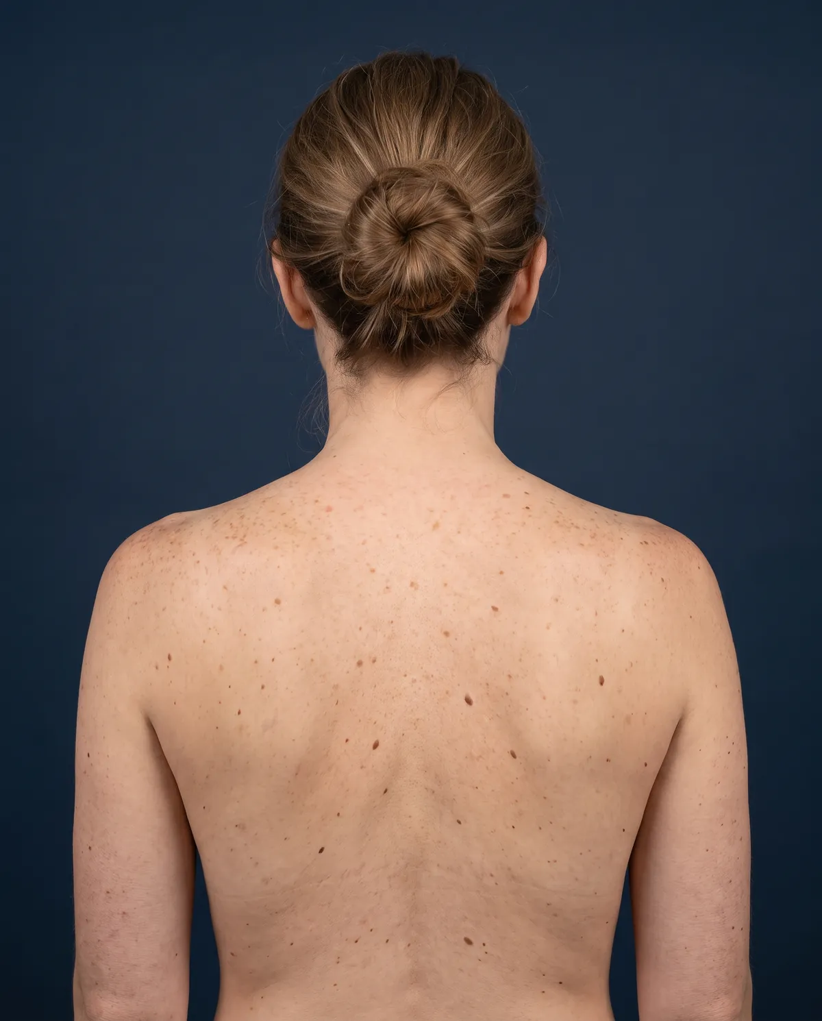 Illustrative total body image of a woman’s back with mapped moles