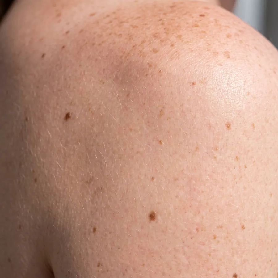 Close-up of freckled, sun-exposed shoulder skin